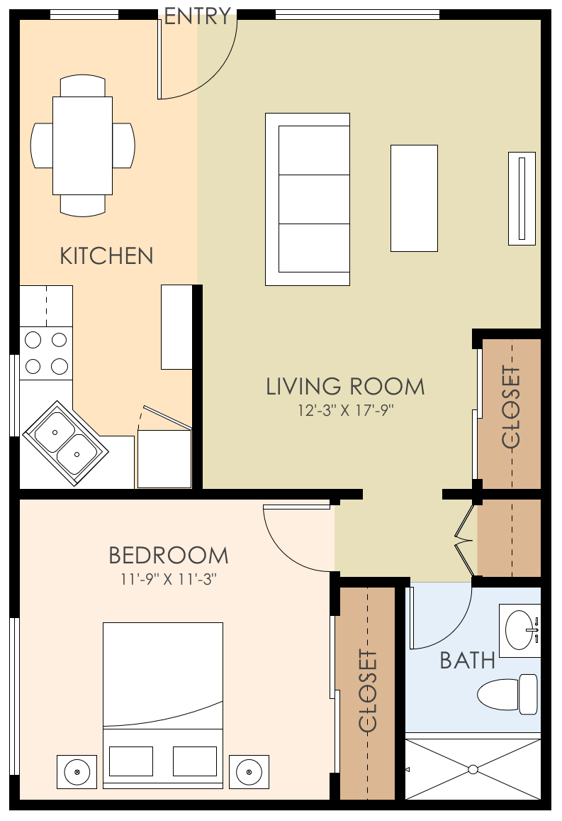 Floor plan for 1 bed, 1 bath, 627 sqft
